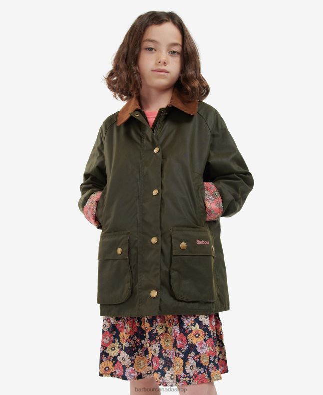 Barbour Clothing Girls Archive Olive/Retro Floral Acorn Waxed Jacket 2BB2F2542