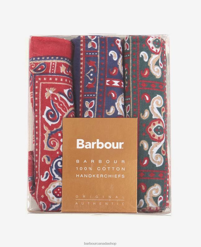 Barbour Accessories Men Red/Green/Navy Paisley Handkerchiefs Gift Box Set 2BB2F2352