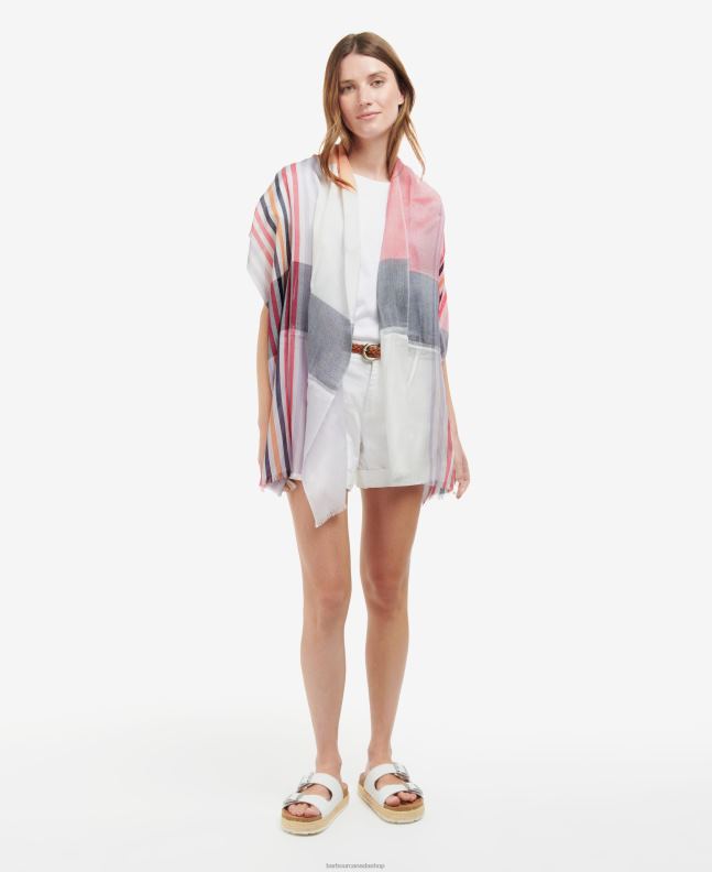 Barbour Accessories Women Classic White Kendra Check & Stripe Scarf 2BB2F2458